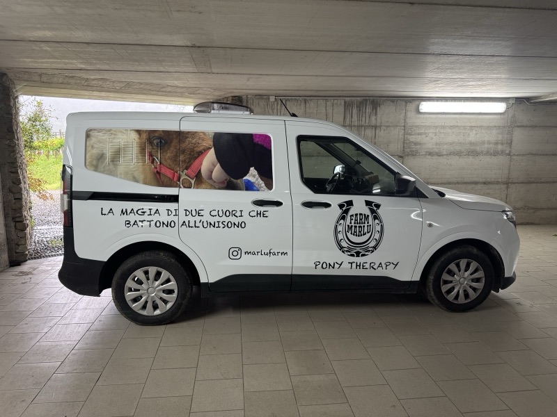 Furgone bianco con fotografia di un pony sui finestrini laterali, scritte nere e logo Pony Therapy sulle portiere.